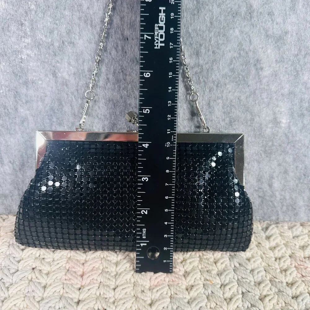 1990s Black Sequin Mesh Clutch Purse With Silver Chain Strap & Kiss Lock Closure